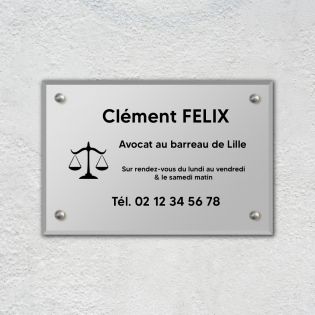 Plaque professionnelle personnalisée avec logo en plexi pour avocat - Argent Lettres Noires - Format 30 cm x 20 cm