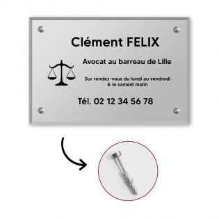 Plaque professionnelle personnalisée avec logo en plexi pour avocat - Argent Lettres Noires - Format 30 cm x 20 cm