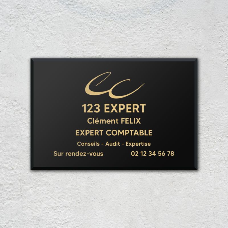 Plaque professionnelle personnalisée en plexi avec logo pour expert comptable - Argent Lettres Noires - Format 30 cm x 20 cm