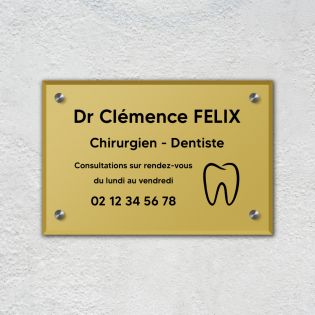 Plaque professionnelle personnalisée en plexi avec logo pour dentiste- Argent Lettres Noires - Format 30 cm x 20 cm