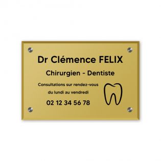 Plaque professionnelle personnalisée en plexi avec logo pour dentiste- Argent Lettres Noires - Format 30 cm x 20 cm