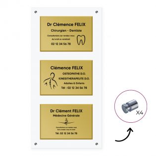 Support multi plaques professionnelles en plexi transparent avec entretoises · 3 emplacements