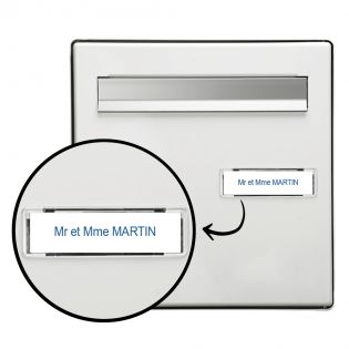 Plaque boite aux lettres personnalisée adhésive au format 100x25mm - blanche lettres bleues - 1 ligne