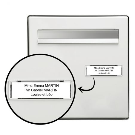 Plaque boite aux lettres personnalisée adhésive au format 100x25mm - blanche lettres noires - 3 lignes