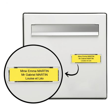 Plaque boite aux lettres personnalisée adhésive au format 100x25mm - jaune lettres noires - 3 lignes