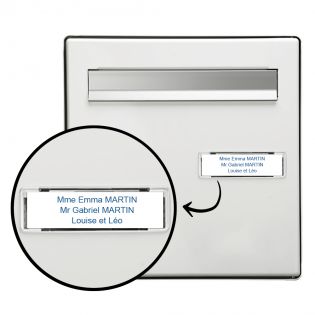 Plaque boite aux lettres personnalisée adhésive au format 100x25mm - blanche lettres bleues - 3 lignes