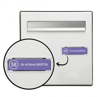 Plaque boite aux lettres NUMERO adhésive (100x25mm) violette lettres blanches - 1 ligne