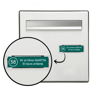 Plaque boite aux lettres NUMERO adhésive (100x25mm) vert foncé lettres blanches - 2 lignes