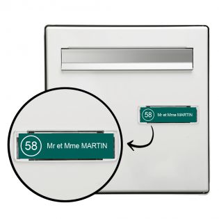 Plaque boite aux lettres NUMERO adhésive (100x25mm) vert foncé lettres blanches - 1 ligne