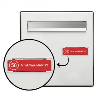 Plaque boite aux lettres NUMERO adhésive (100x25mm) rouge lettres blanches - 1 ligne