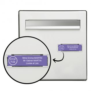 Plaque boite aux lettres personnalisée adhésive au format 100x25mm avec STOP PUB - violette lettres blanches - 3 lignes