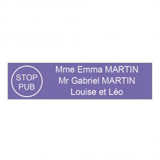 Plaque boite aux lettres personnalisée adhésive au format 100x25mm avec STOP PUB - violette lettres blanches - 3 lignes