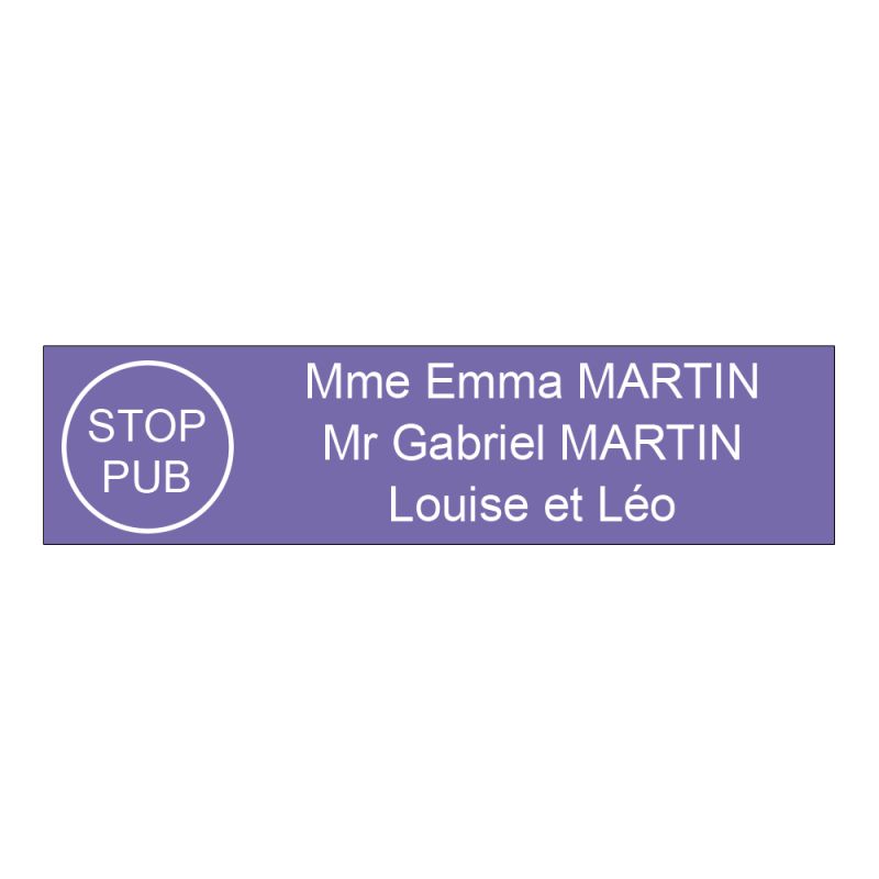 Plaque boite aux lettres personnalisée adhésive au format 100x25mm avec STOP PUB - violette lettres blanches - 3 lignes Plaque boite aux lettres personnalisée adhésive au format 100x25mm avec STOP PUB - violette lettres blanches - 3 lignes