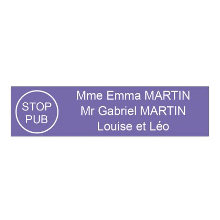 Plaque boite aux lettres personnalisée adhésive au format 100x25mm avec STOP PUB - violette lettres blanches - 3 lignes