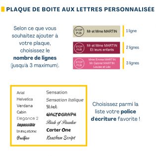 Plaque boite aux lettres personnalisée adhésive au format 100x25mm avec STOP PUB - jaune lettres noires - 3 lignes