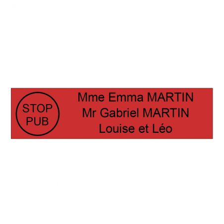 Plaque boite aux lettres personnalisée adhésive au format 100x25mm avec STOP PUB - rouge lettres noires - 3 lignes