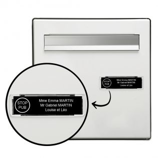 Plaque boite aux lettres personnalisée adhésive au format 100x25mm avec STOP PUB - noire lettres blanches - 3 lignes
