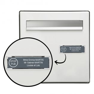 Plaque boite aux lettres personnalisée adhésive au format 100x25mm avec STOP PUB - grise lettres blanches - 3 lignes