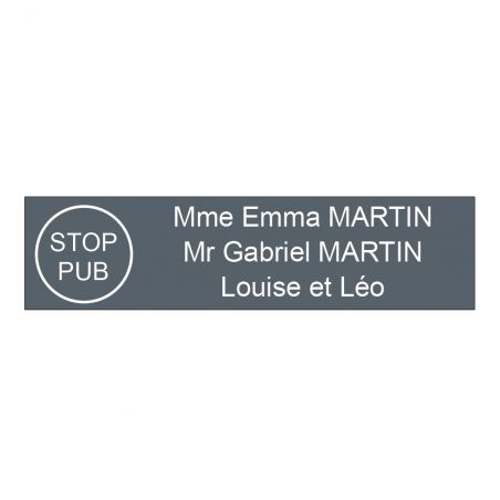 Plaque boite aux lettres personnalisée adhésive au format 100x25mm avec STOP PUB - grise lettres blanches - 3 lignes