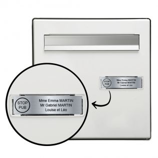 Plaque boite aux lettres personnalisée adhésive au format 100x25mm avec STOP PUB - gris argent lettres noires - 3 lignes