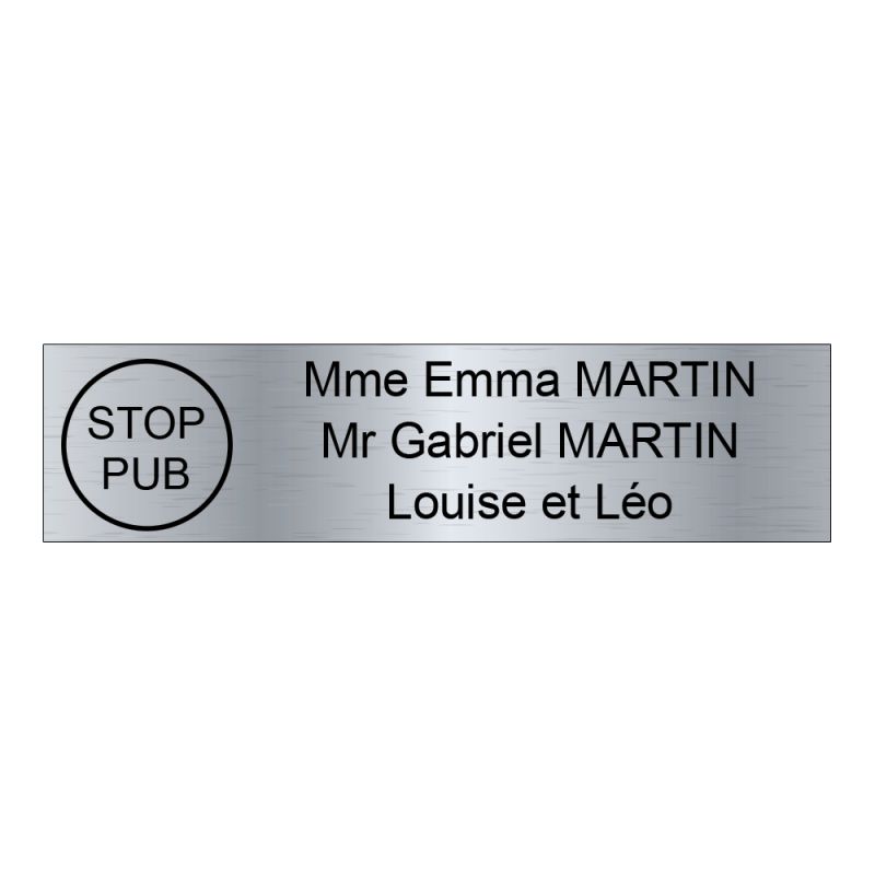 Plaque boite aux lettres personnalisée adhésive au format 100x25mm avec STOP PUB - gris argent lettres noires - 3 lignes Plaque boite aux lettres personnalisée adhésive au format 100x25mm avec STOP PUB - gris argent lettres noires - 3 lignes