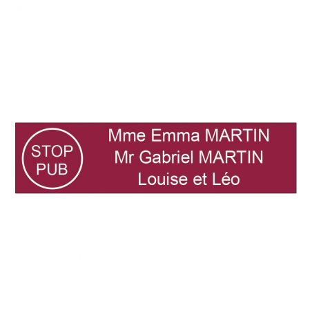 Plaque boite aux lettres personnalisée adhésive au format 100x25mm avec STOP PUB - bordeaux lettres blanches - 3 lignes