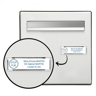 Plaque boite aux lettres personnalisée adhésive au format 100x25mm avec STOP PUB - blanche lettres bleues - 3 lignes