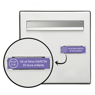 Plaque boite aux lettres personnalisée adhésive au format 100x25mm avec STOP PUB - violette lettres blanches - 2 lignes