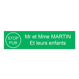 Plaque boite aux lettres personnalisée adhésive au format 100x25mm avec STOP PUB - vert pomme lettres blanches - 2 lignes