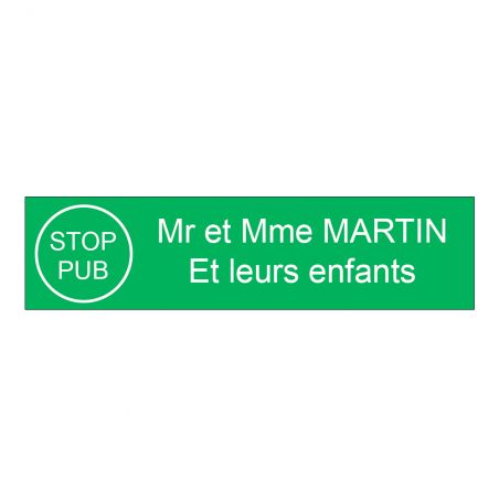 Plaque boite aux lettres personnalisée adhésive au format 100x25mm avec STOP PUB - vert pomme lettres blanches - 2 lignes