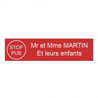 Plaque boite aux lettres personnalisée adhésive au format 100x25mm avec STOP PUB - rouge lettres blanches - 2 lignes