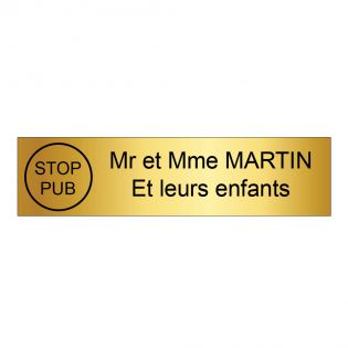 Plaque boite aux lettres personnalisée adhésive au format 100x25mm avec STOP PUB - or brossé lettres noires - 2 lignes