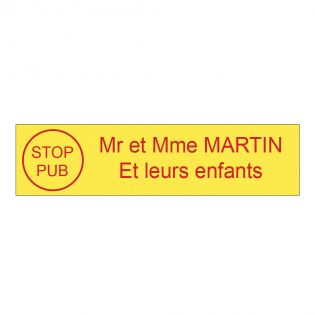 Plaque boite aux lettres personnalisée adhésive au format 100x25mm avec STOP PUB - Jaune lettres rouges - 2 lignes