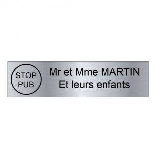 Plaque boite aux lettres personnalisée adhésive au format 100x25mm avec STOP PUB - gris argent lettres noires - 2 lignes