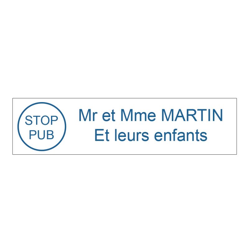 Plaque boite aux lettres personnalisée adhésive au format 100x25mm avec STOP PUB - blanche lettres bleues - 2 lignes Plaque boite aux lettres personnalisée adhésive au format 100x25mm avec STOP PUB - blanche lettres bleues - 2 lignes