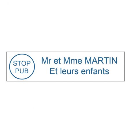 Plaque boite aux lettres personnalisée adhésive au format 100x25mm avec STOP PUB - blanche lettres bleues - 2 lignes