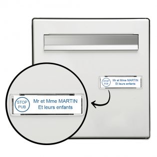 Plaque boite aux lettres personnalisée adhésive au format 100x25mm avec STOP PUB - blanche lettres bleues - 2 lignes