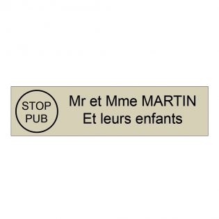 Plaque boite aux lettres personnalisée adhésive au format 100x25mm avec STOP PUB - beige lettres noires - 2 lignes