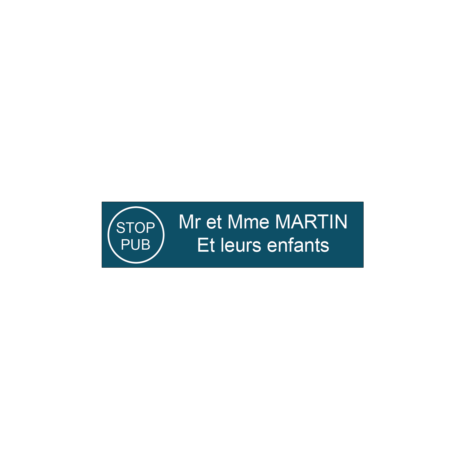 Plaque boite aux lettres personnalisée adhésive au format 100x25mm avec STOP PUB- bleue lettres blanches - 2 lignes