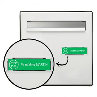Plaque boite aux lettres personnalisée adhésive au format 100x25mm avec STOP PUB - vert pomme lettres blanches - 1 ligne