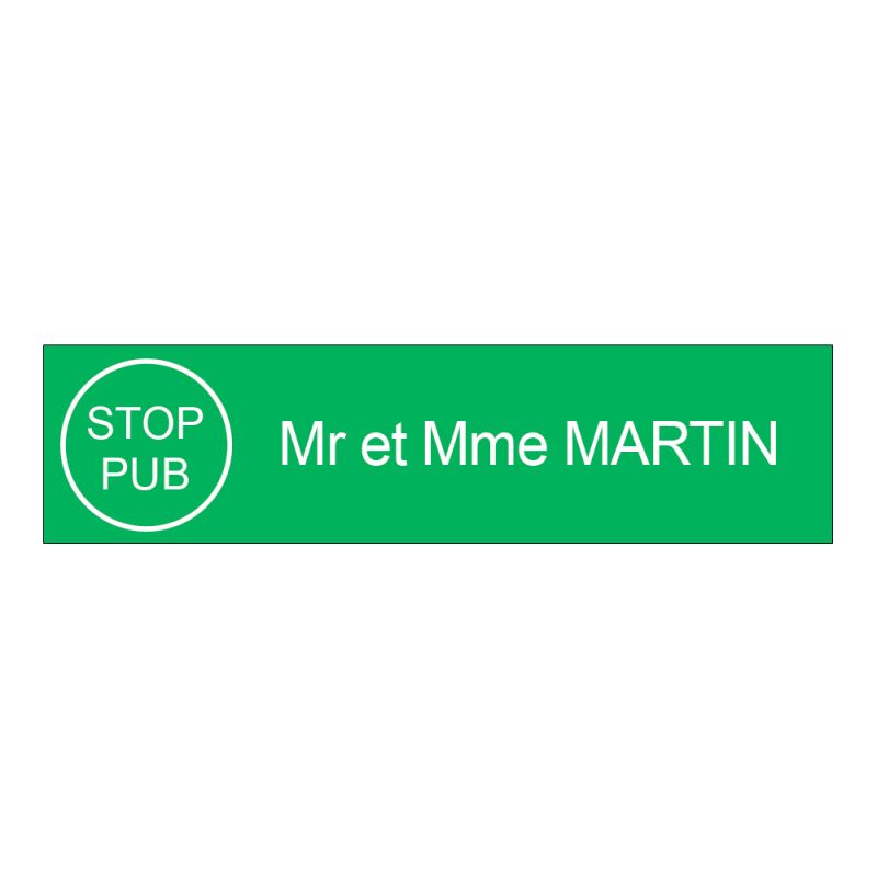 Plaque boite aux lettres personnalisée adhésive au format 100x25mm avec STOP PUB - vert pomme lettres blanches - 1 ligne Plaque boite aux lettres personnalisée adhésive au format 100x25mm avec STOP PUB - vert pomme lettres blanches - 1 ligne