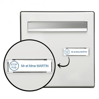 Plaque boite aux lettres personnalisée adhésive au format 100x25mm avec STOP PUB - blanche lettres bleues - 1 ligne