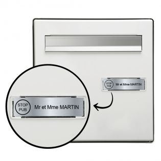 Plaque nom + Plaque Stop Pub pour boite aux lettres format Decayeux  (100x25mm) gris argent lettres noires - 3 lignes