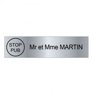 Plaque boite aux lettres personnalisée adhésive au format 100x25mm avec STOP PUB -gris argent lettres noires - 1 ligne