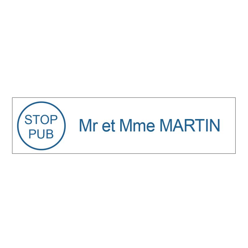 Étiquette Nom Stop Pub boîte aux lettres personnalisée par gravure laser · 100x25x0,8 mm · blanche lettres bleues - 1 ligne Étiquette Nom Stop Pub boîte aux lettres personnalisée par gravure laser · 100x25x0,8 mm · blanche lettres bleues - 1 ligne