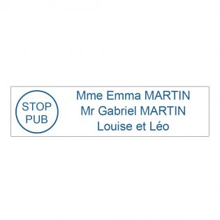 Étiquette Nom Stop Pub boîte aux lettres personnalisée par gravure laser · 100x25x0,8 mm · blanche lettres bleues - 3 lignes