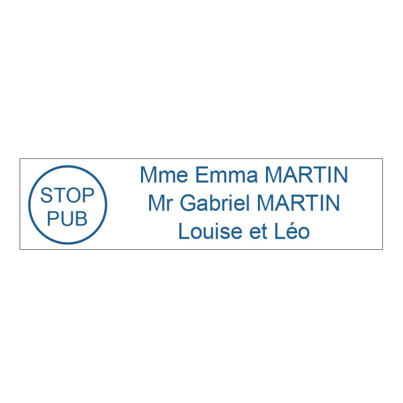 Étiquette Nom Stop Pub boîte aux lettres personnalisée par gravure laser · 100x25x0,8 mm · blanche lettres bleues - 3 lignes