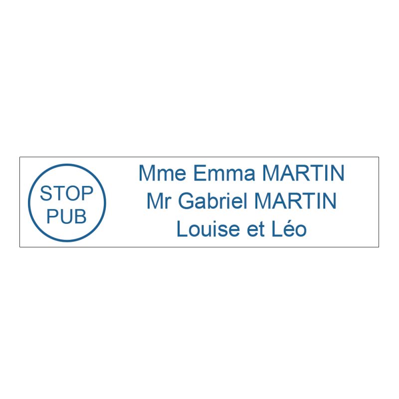 Étiquette Nom Stop Pub boîte aux lettres personnalisée par gravure laser · 100x25x0,8 mm · blanche lettres bleues - 3 lignes Étiquette Nom Stop Pub boîte aux lettres personnalisée par gravure laser · 100x25x0,8 mm · blanche lettres bleues - 3 lignes