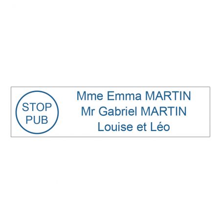 Étiquette Nom Stop Pub boîte aux lettres personnalisée par gravure laser · 100x25x0,8 mm · blanche lettres bleues - 3 lignes