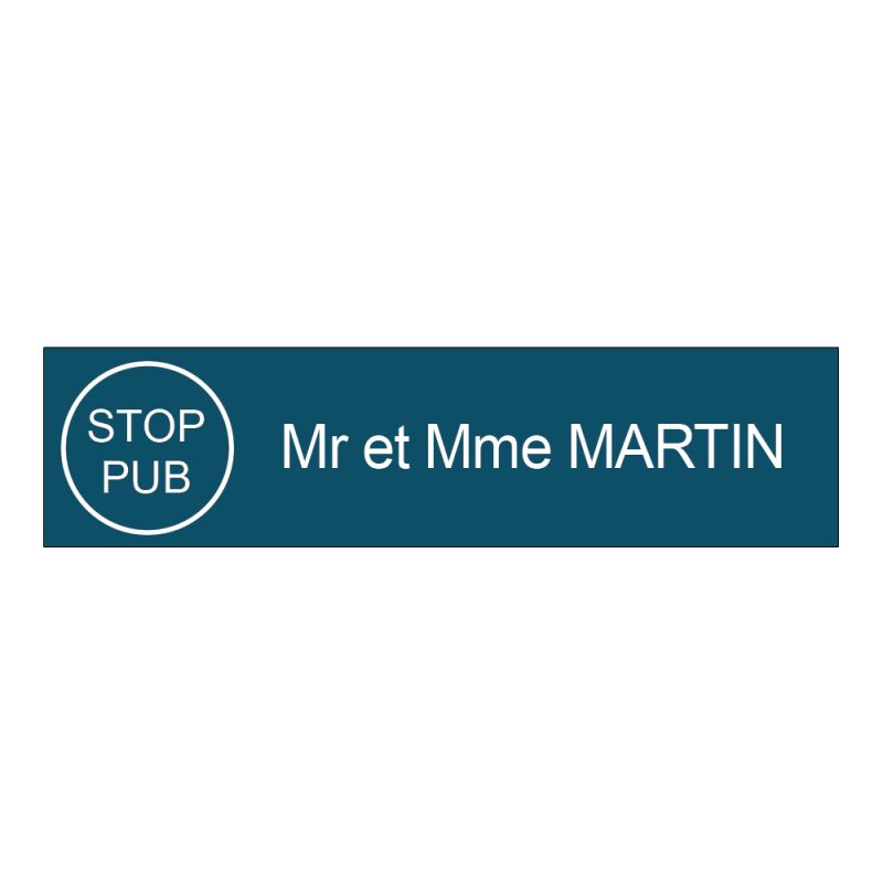 Étiquette Nom Stop Pub boîte aux lettres personnalisée par gravure laser · 100x25x0,8 mm · bleue lettres blanches - 1 ligne Étiquette Nom Stop Pub boîte aux lettres personnalisée par gravure laser · 100x25x0,8 mm · bleue lettres blanches - 1 ligne